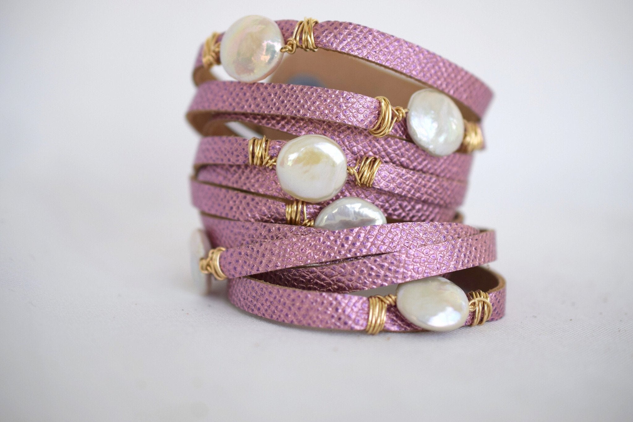 HALLELUJAH Leather Wrap Bracelet, Metallic Rose - MILK VELVET PEARLS